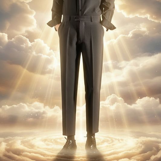 Person wearing dark gray pants and black shoes against a textured wall.